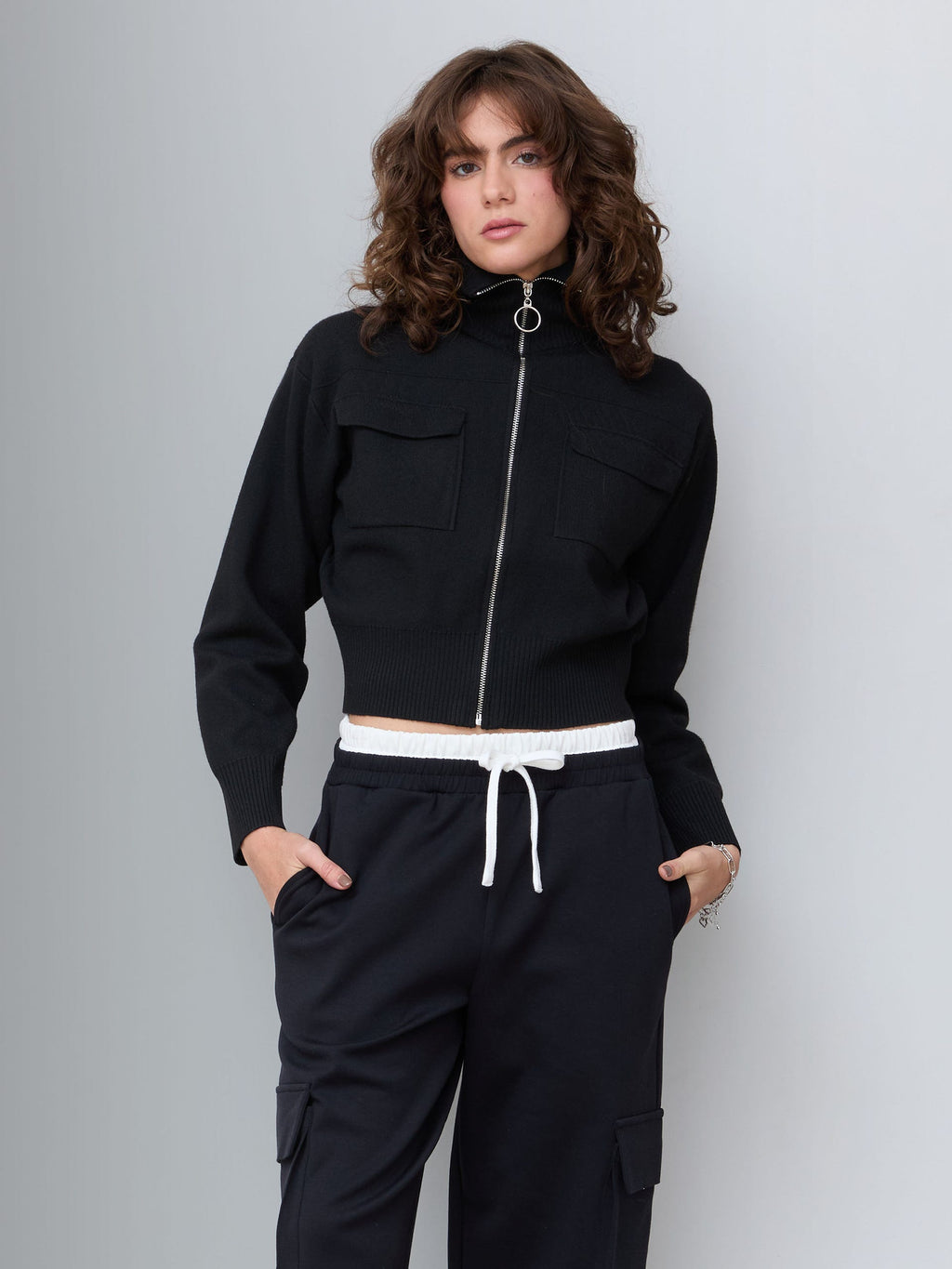 Chamarra Tejida Bomber Negra