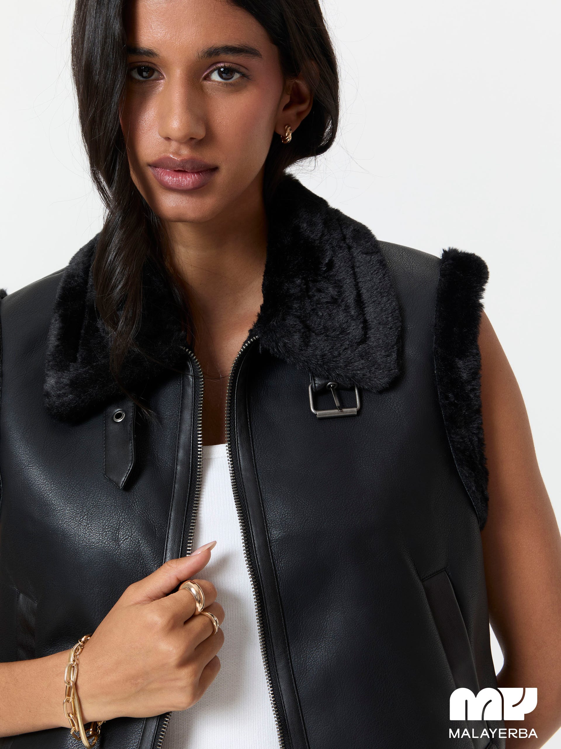 Chaleco PU con Borrega Negro