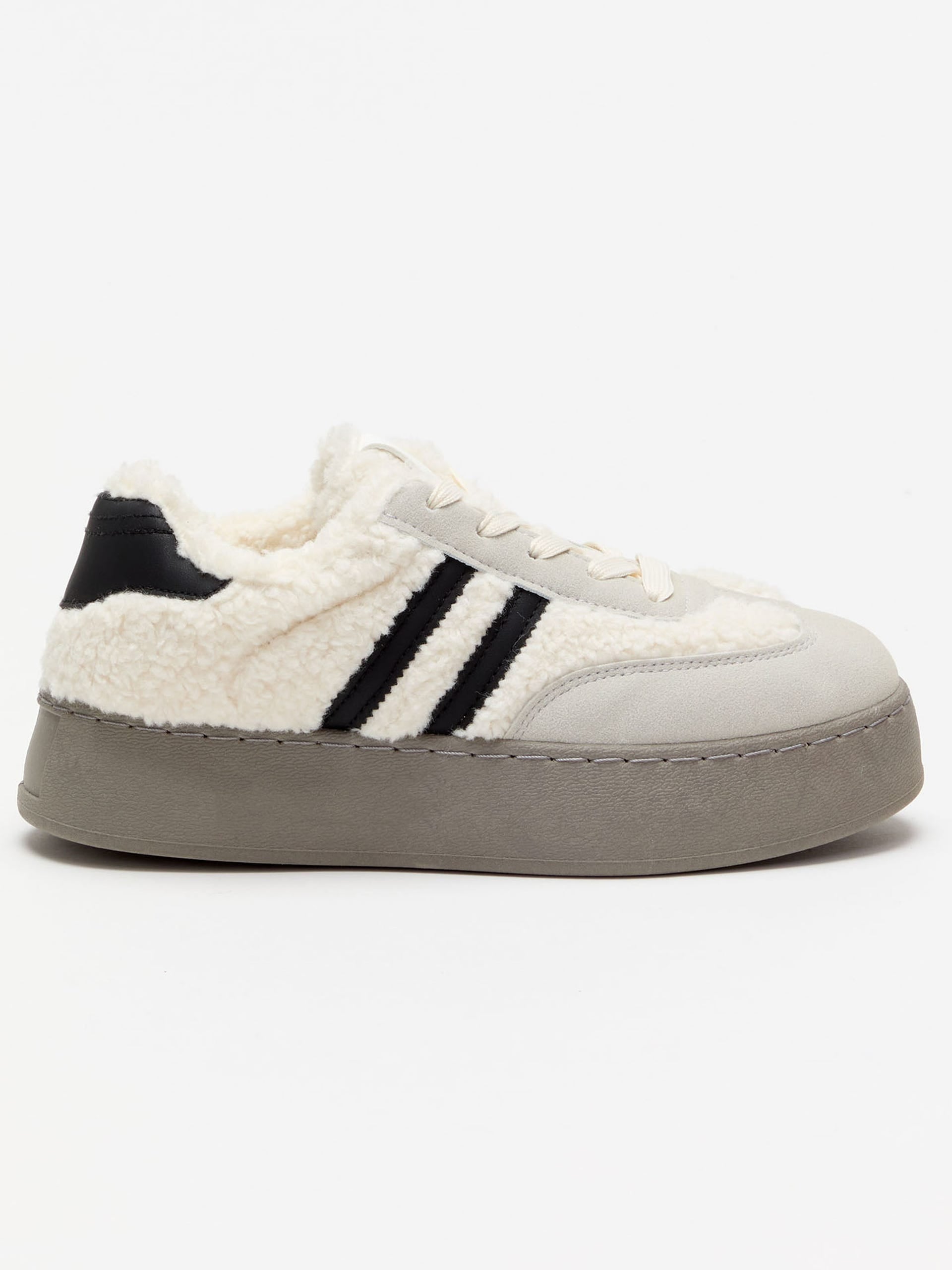 Tenis para Mujer con Peluche y Rayas al Costado Beige